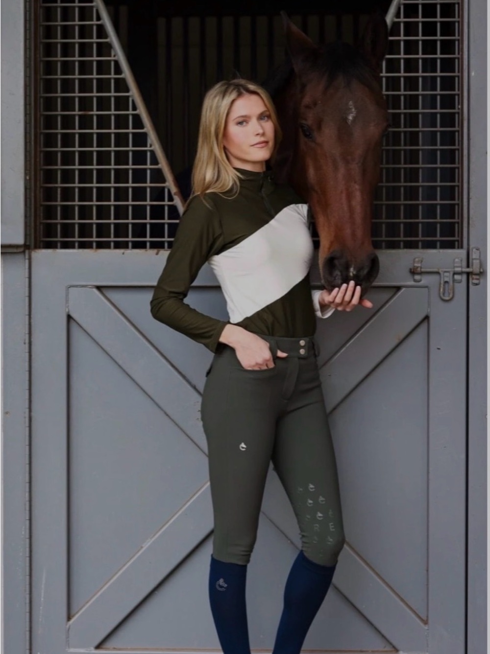 Criniere Sophie Classic Countryside Olive Green & White Equestrian Schooling Top